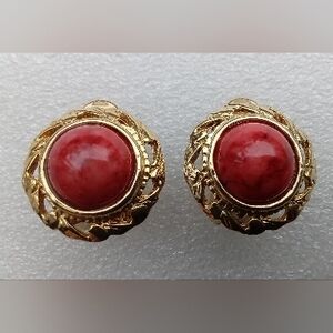 Vintage Dark Orange/red Cabochon Button Clip Earrings Gold Tone Setting